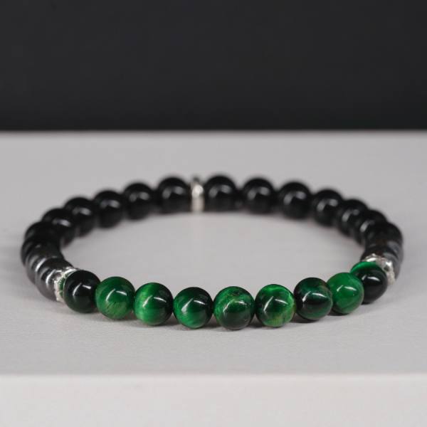 Zapestnica proti strahu in tesnobi ❤️ Zeleno tigrovo oko in obsidian 4675