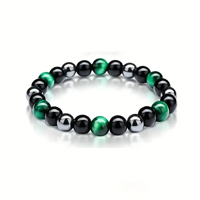 Zapestnica trojna zaščita - zeleno tigrovo oko, hematit in obsidian 5478