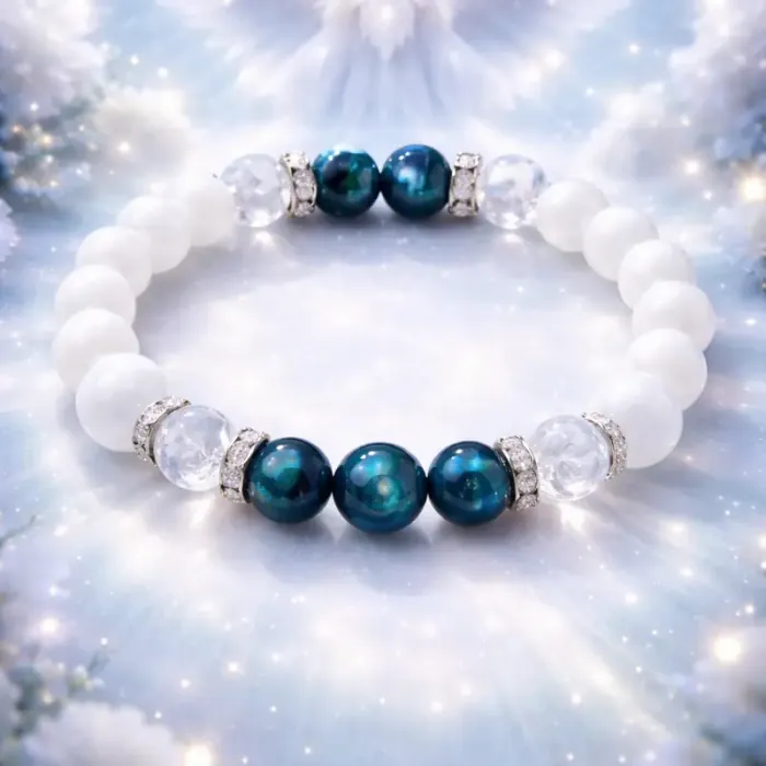 Zapestnica Angelska prisotnost -  selenit, modro tigrovo oko in gorski kristal 6350