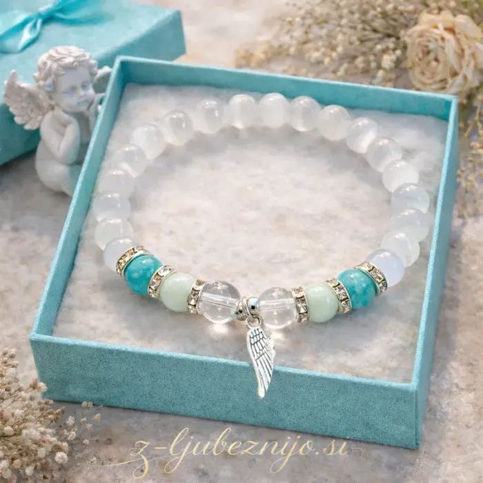 Zapestnica – Angelski dar (selenit, gorski kristal, akvamarin, žad) 6573