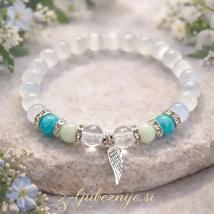 Zapestnica – Angelski dar (selenit, gorski kristal, akvamarin, žad) 6574