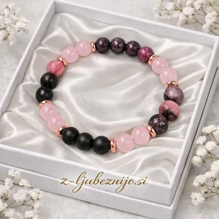 Zapestnica iz kristalov turmalin, rodonit, roževec, granat - ZA SREČO V LJUBEZNI 6561