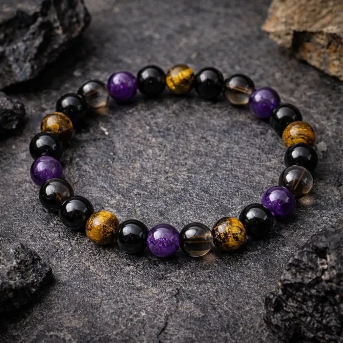 Zapestnica Zaščite – Moč štirih elementov - ametist, tigrovo oko, obsidian, dimni kristal 6566